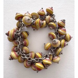 Artisan Silver Tone Paper Bead Bracelet Boho Chic Retro Cluster 7" Adjustable